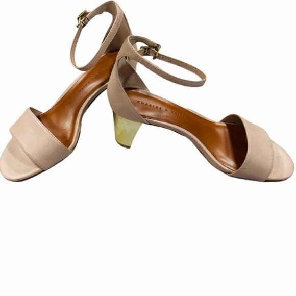 Charles & Keith Open Toe Pink Heels with Gold Heel - Picture 2 of 12